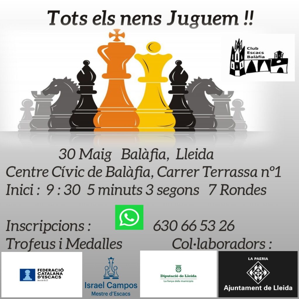 Cartell del torneig d’escacs Sub-16 Tots els nens juguem a Balàfia, Lleida, organitzat pel Club Escacs Balàfia.