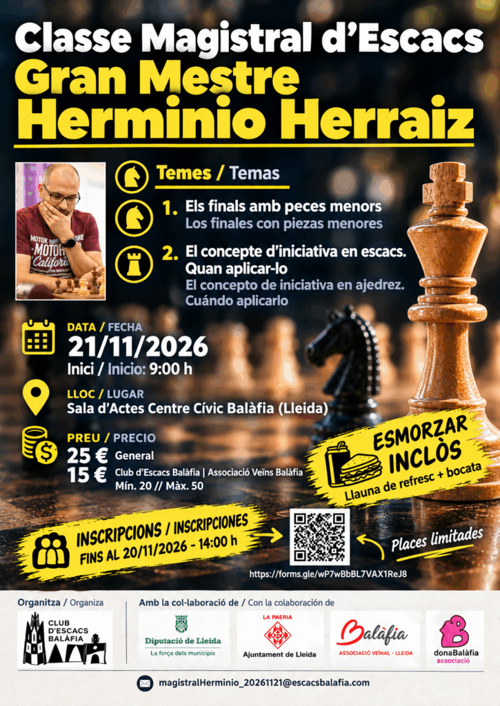 Participa en la classe magistral d’escacs amb el GM Herminio Herraiz a Lleida el 21/11/2026. Aprèn sobre finals i iniciativa. Places limitades!